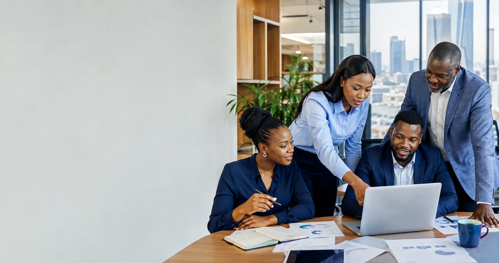 Nigerian business-services professionals collaborating around a laptop and project documents